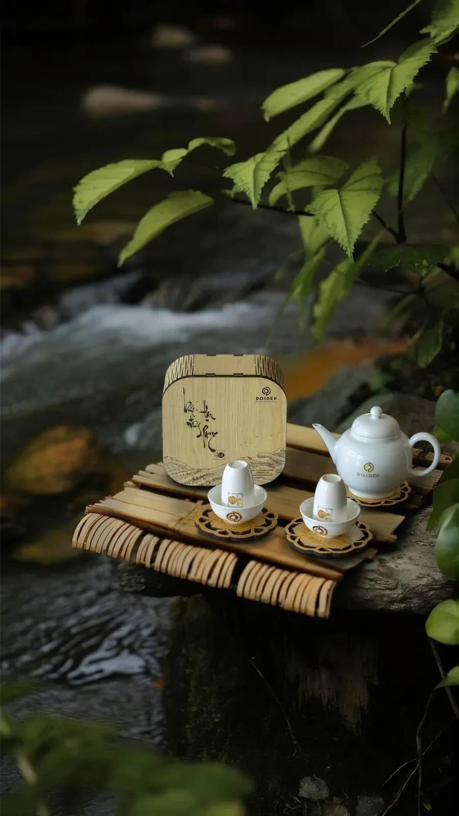 Ấm trà sứ trắng và bộ chén trà DD