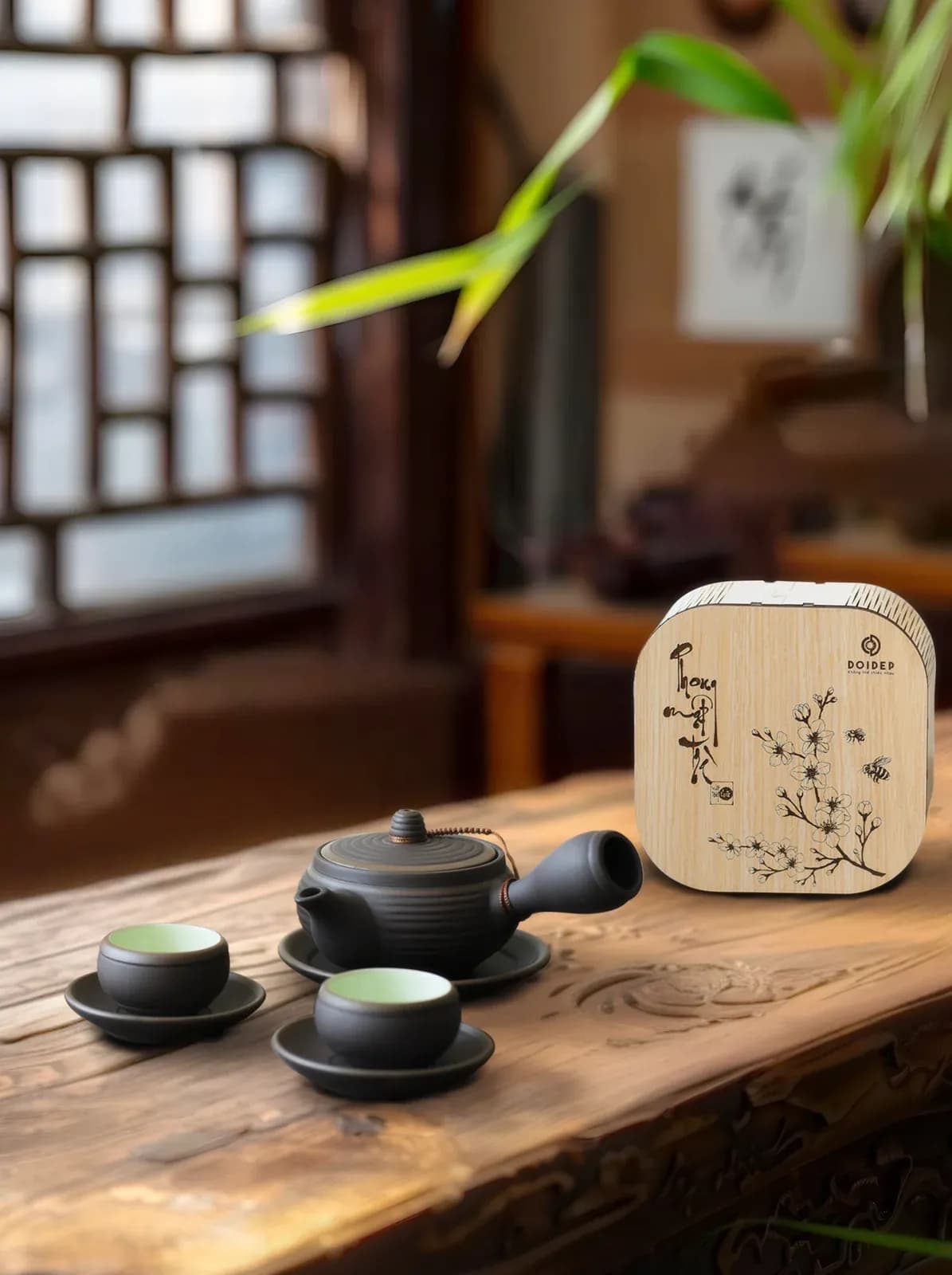 Bộ ấm chén Bát Tràng tay ngang chỉ bạc