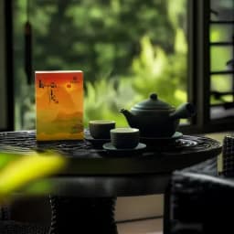 Ấm trà và chén trà trên bàn trà gỗ