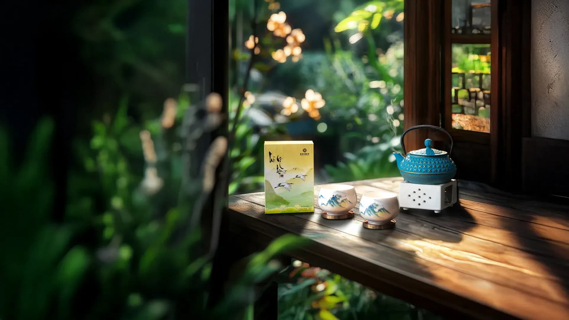 Bàn trà gỗ bên cửa sổ vườn với ấm trà, chén trà và hộp trà DOIDEP